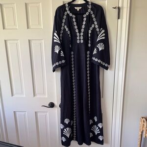 Boden Embroidered Navy Linen Maxi Dress